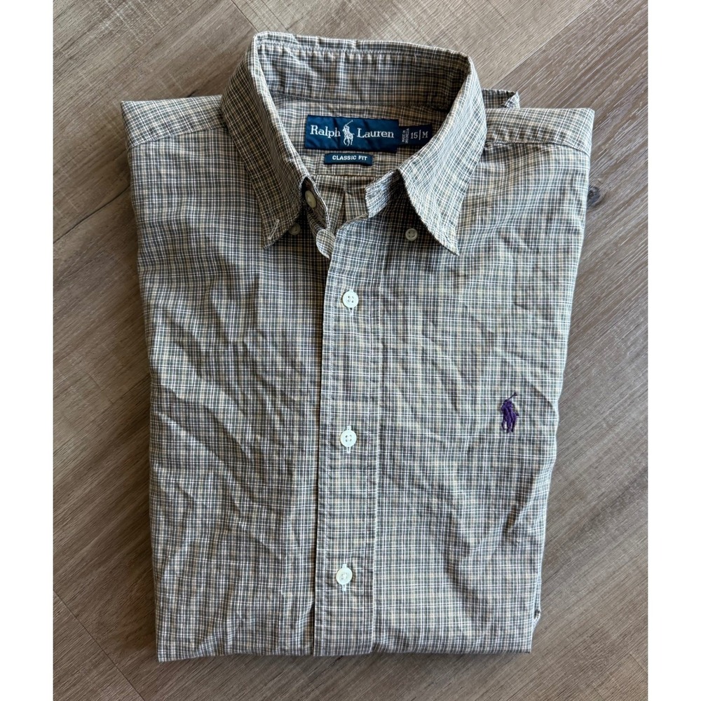 Ralph Lauren Mens Classic Fit Plaid Button Down Shirt Brown Tan 15 M Long Sleeve